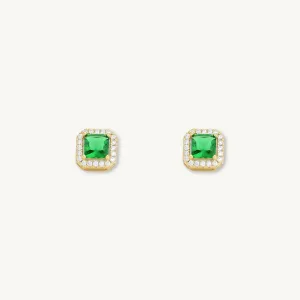 Emerald Square Pave Halo Stud Earrings