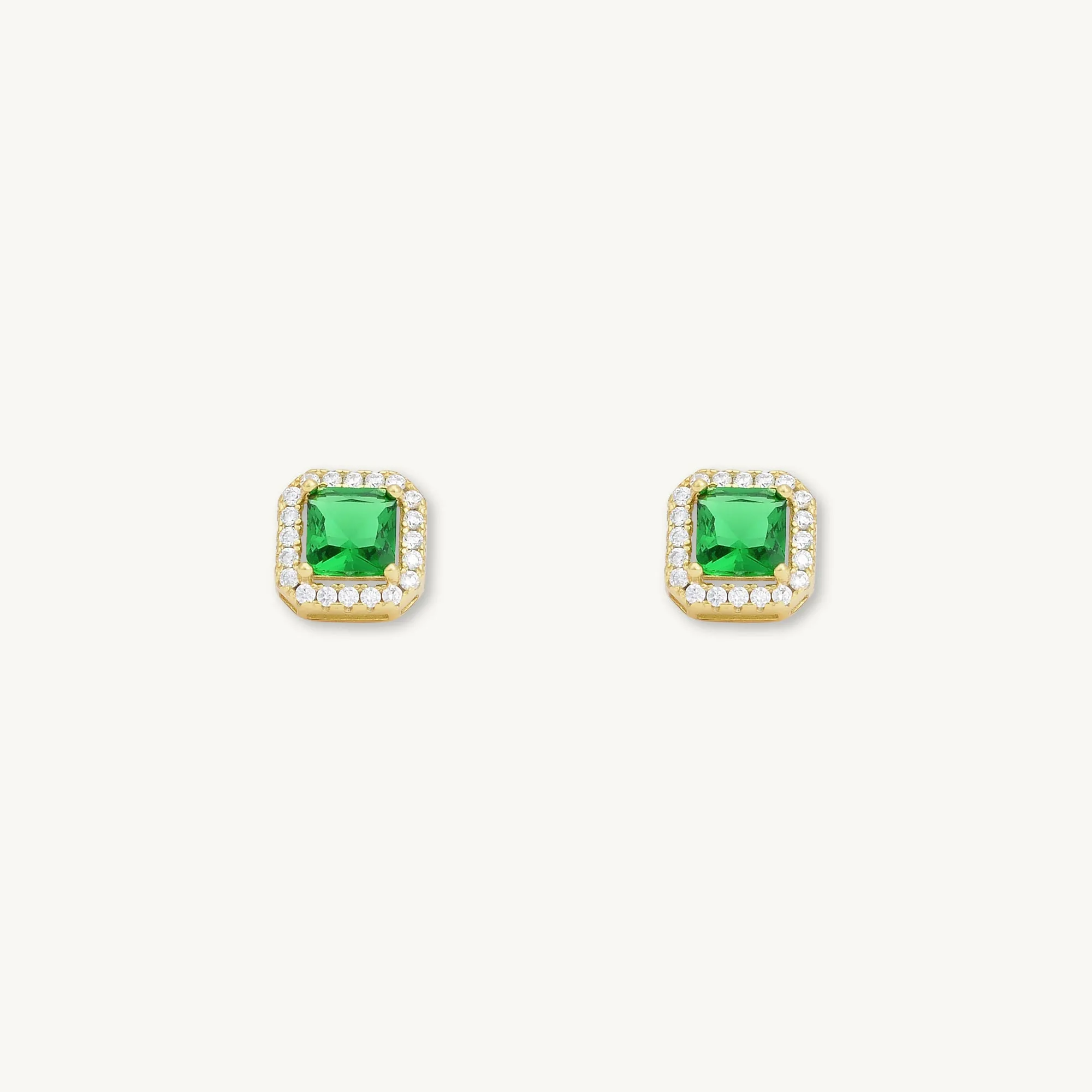 Emerald Square Pave Halo Stud Earrings