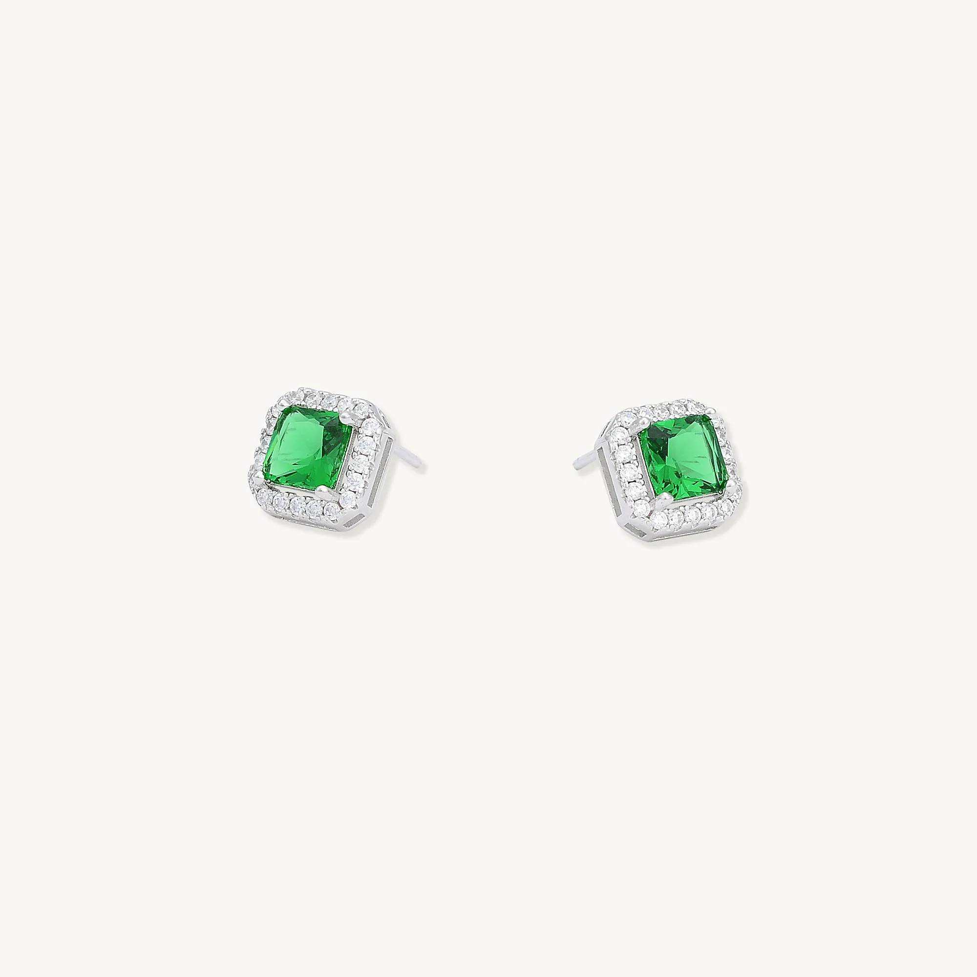 Emerald Square Pave Halo Stud Earrings