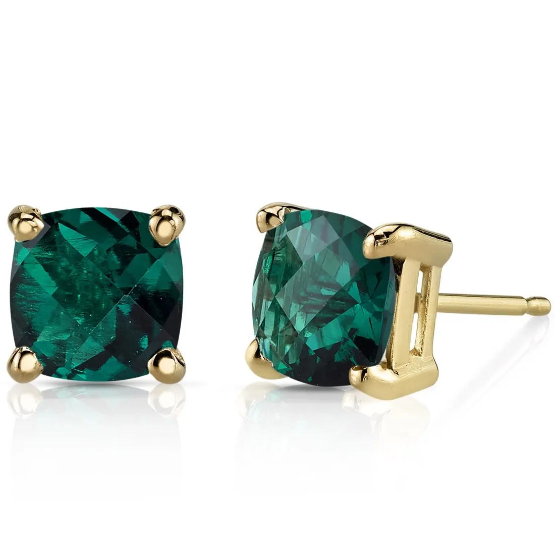 Emerald Stud Earrings 14K Yellow Gold 1.75 Carats Cushion Cut