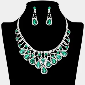 Emerald Teardrop and Rhinestone Embellished Collar Necklace Set | Emerald Prom Necklace Sets |  638874