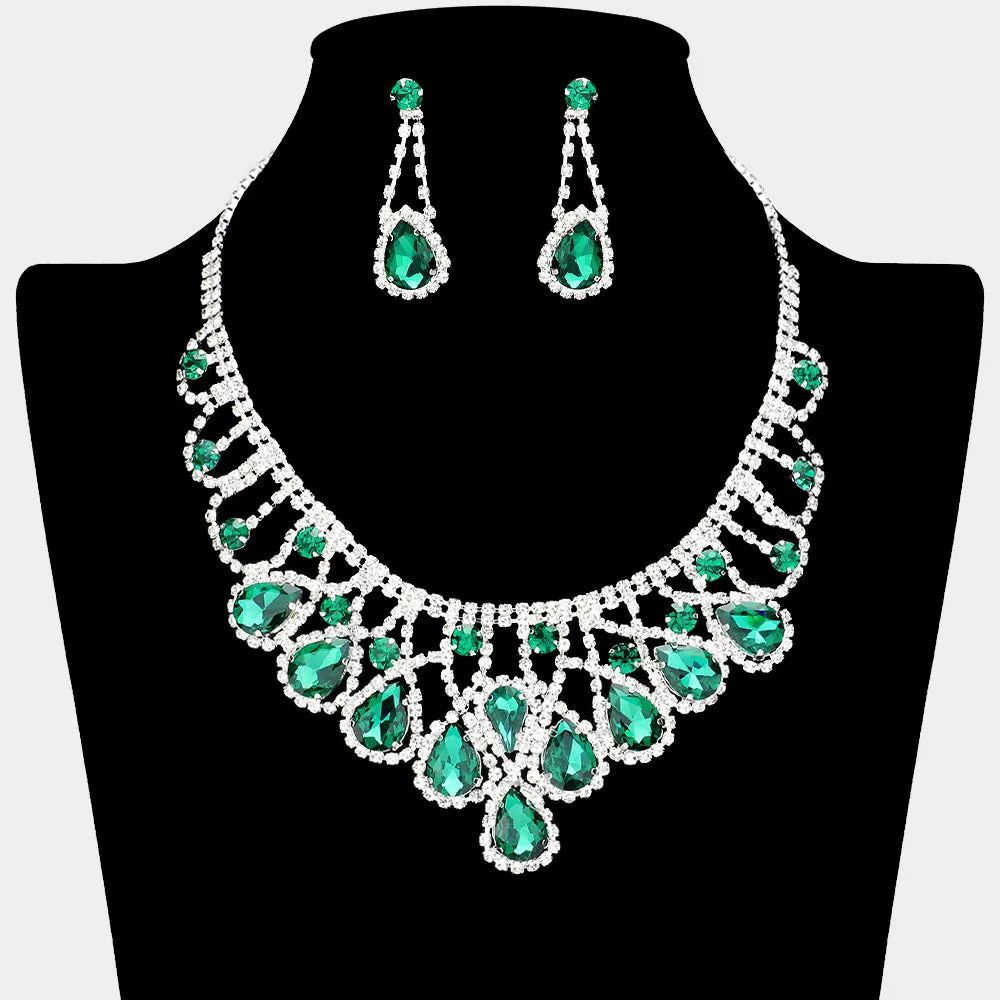 Emerald Teardrop and Rhinestone Embellished Collar Necklace Set | Emerald Prom Necklace Sets |  638874
