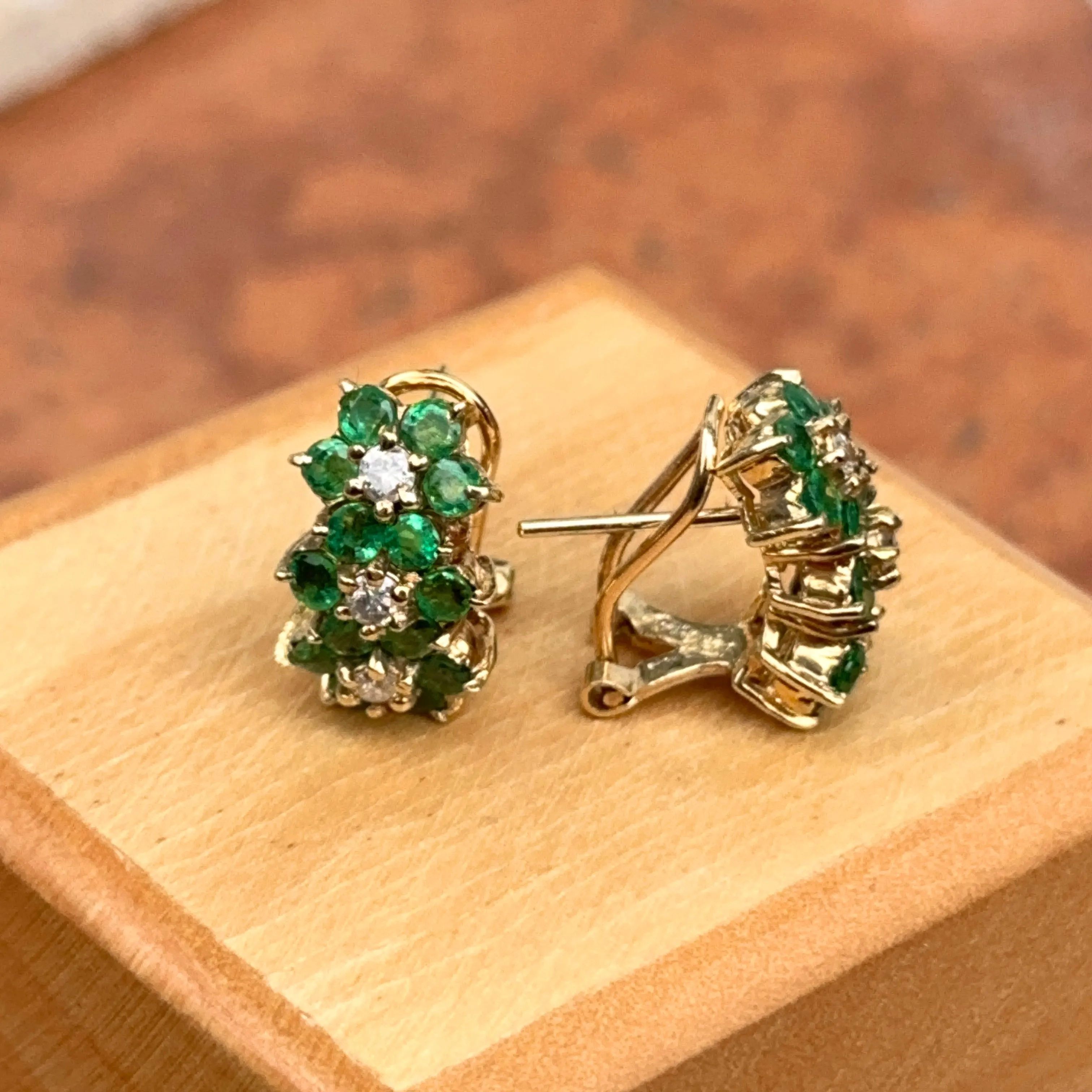 Estate 14KT Yellow Gold Emerald   Diamond Omega Back Earrings
