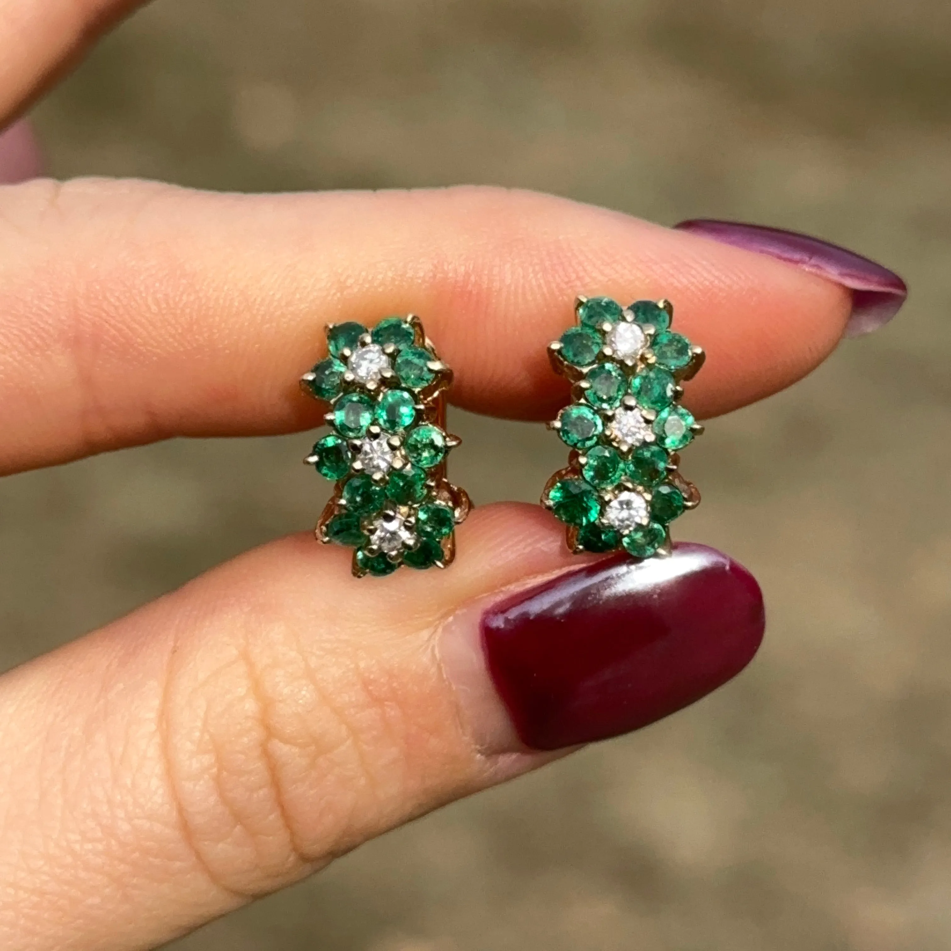 Estate 14KT Yellow Gold Emerald   Diamond Omega Back Earrings
