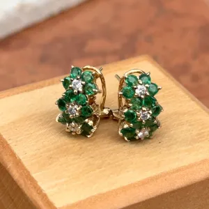Estate 14KT Yellow Gold Emerald   Diamond Omega Back Earrings