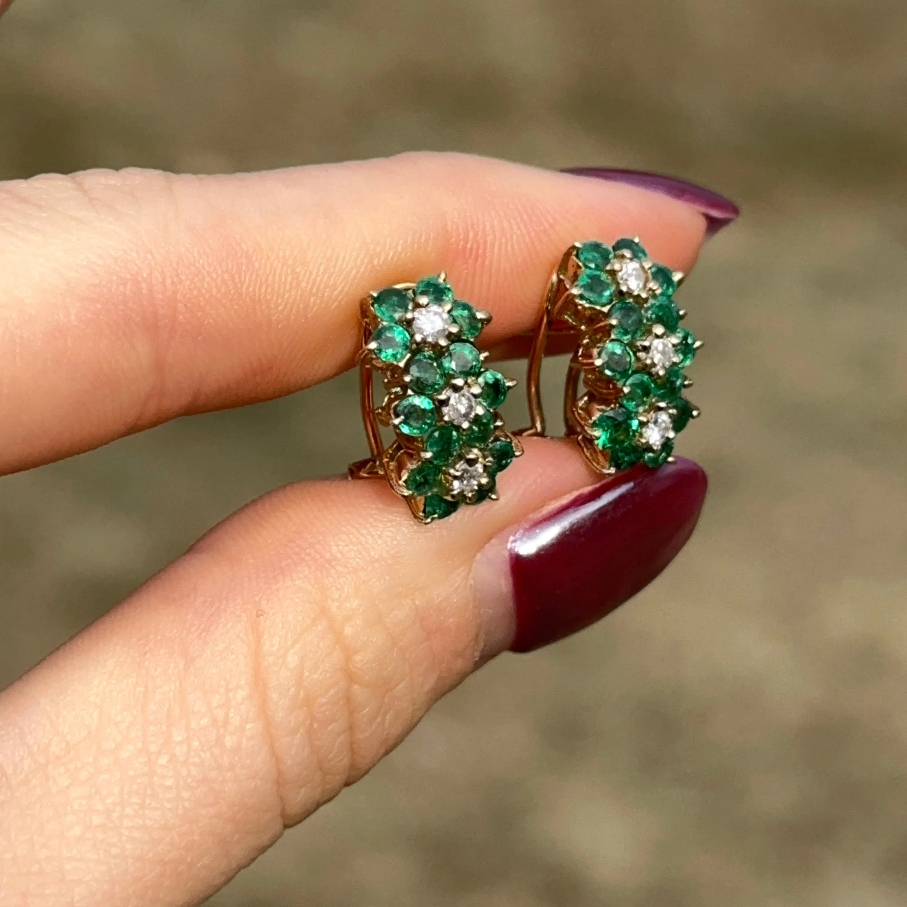 Estate 14KT Yellow Gold Emerald   Diamond Omega Back Earrings
