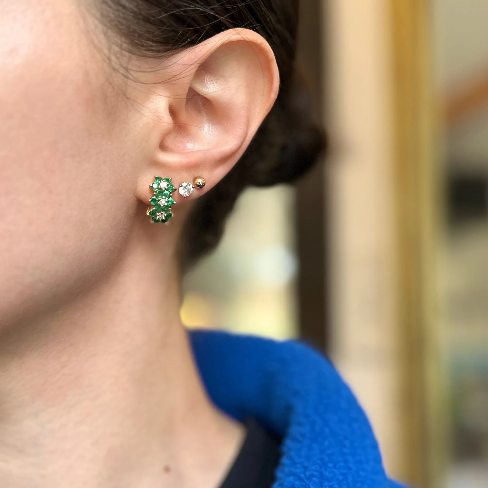 Estate 14KT Yellow Gold Emerald   Diamond Omega Back Earrings