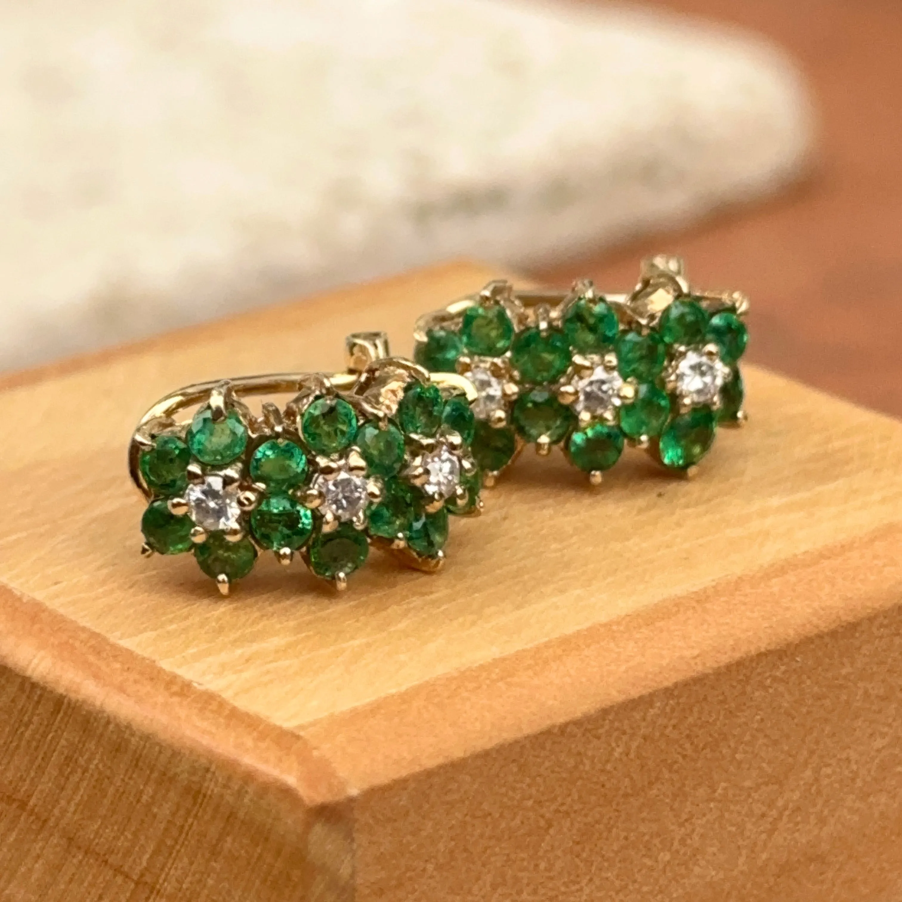 Estate 14KT Yellow Gold Emerald   Diamond Omega Back Earrings