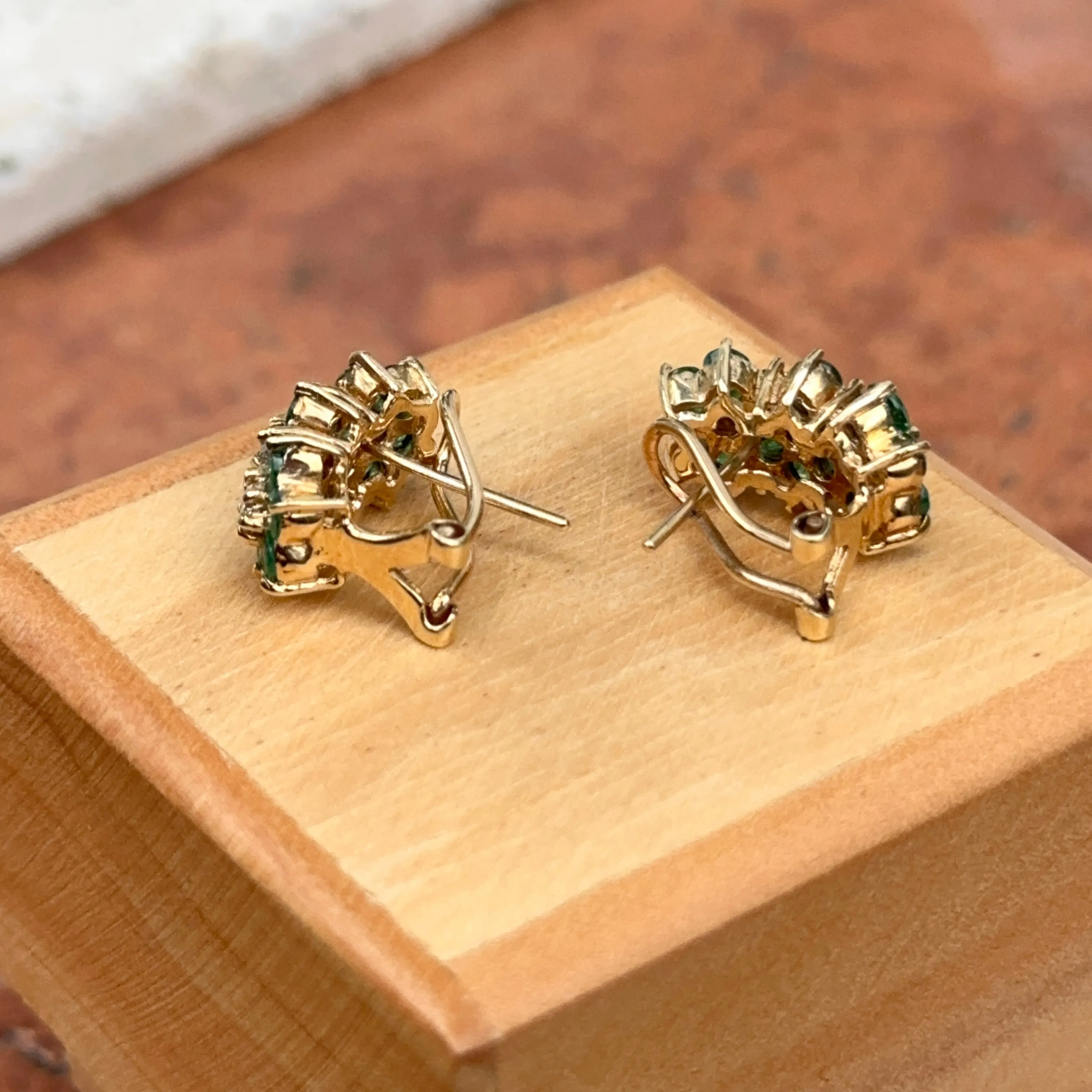 Estate 14KT Yellow Gold Emerald   Diamond Omega Back Earrings