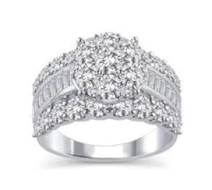 EternalDia 3 Cttw Round Shape Three Rows Composite Diamond Engagement Ring in 14K White Gold (HI/I2)