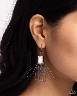 Factory Flair - Black - Gunmetal Paperclip Lure White Gem Paparazzi Fishhook Earrings
