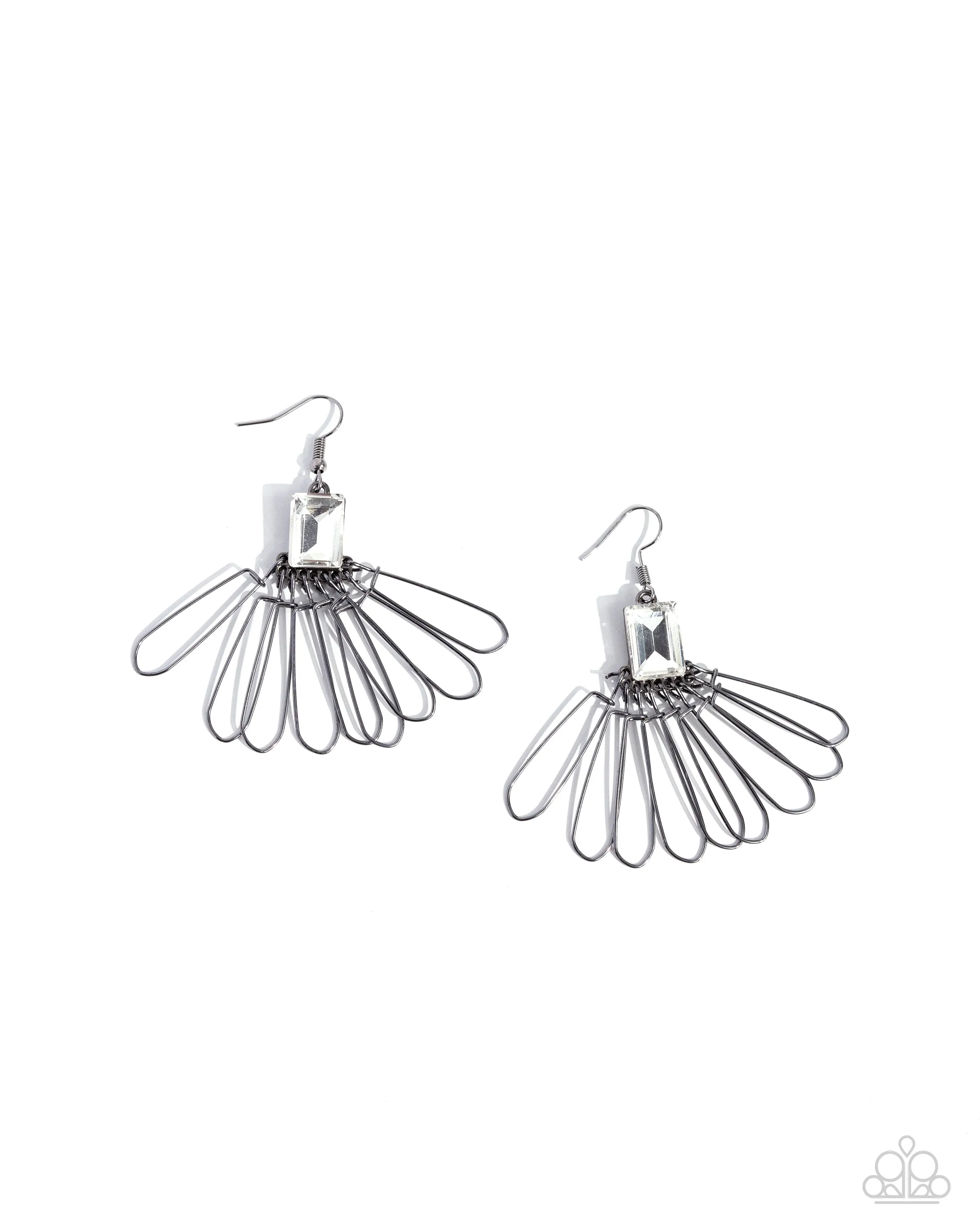 Factory Flair - Black - Gunmetal Paperclip Lure White Gem Paparazzi Fishhook Earrings