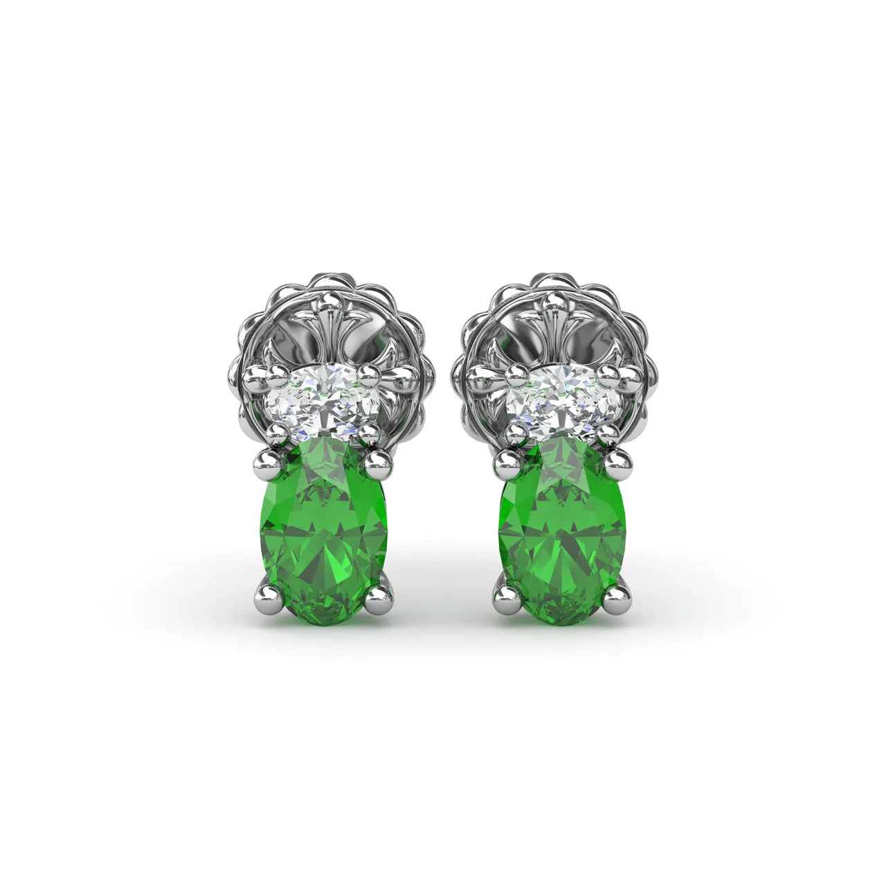 Fana 14k White Gold Oval Emerald and Diamond Stud Earrings