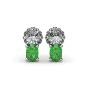 Fana 14k White Gold Oval Emerald and Diamond Stud Earrings