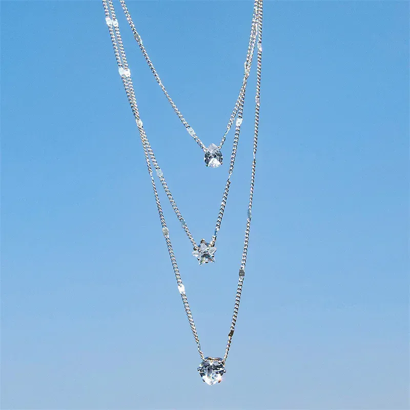 Female 3pcs/Set Star Heart Rhinestone Pendant Necklaces