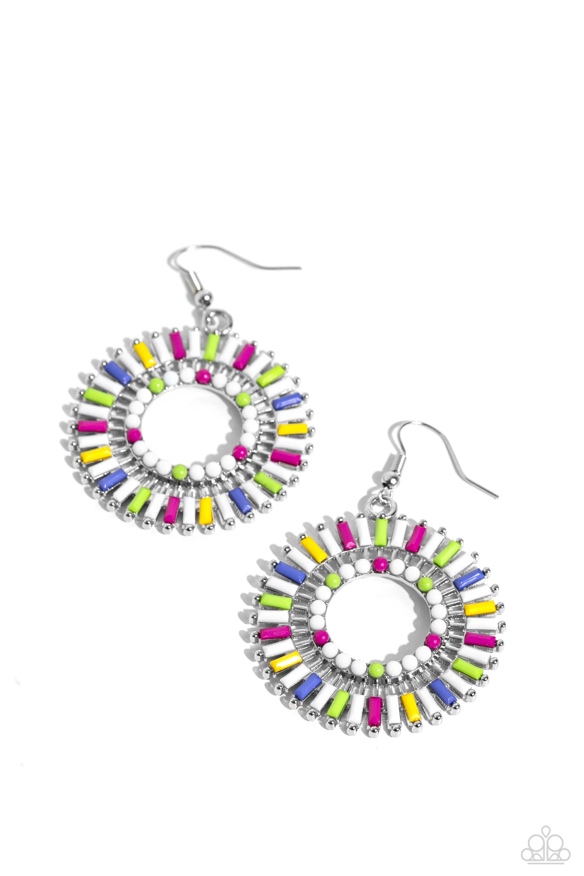Ferris Wheel Finale - White - Purple, Pink, and Green Bead Paparazzi Fishhook Earrings