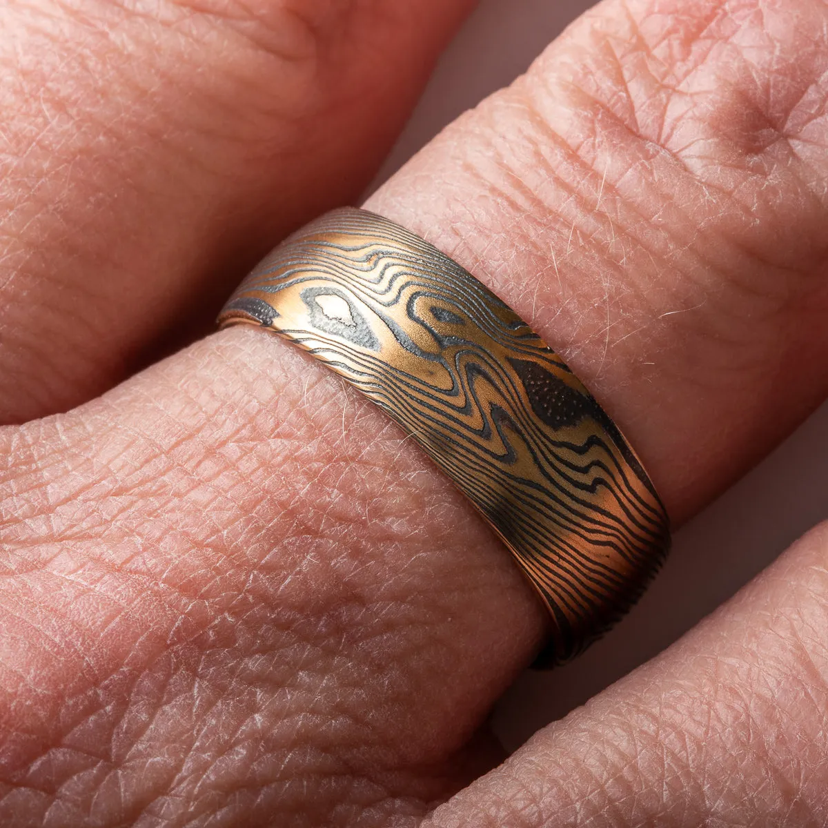 Fierce Mokume Gane Ring or Wedding Band in Twist Pattern and Oxidized Spark Palette