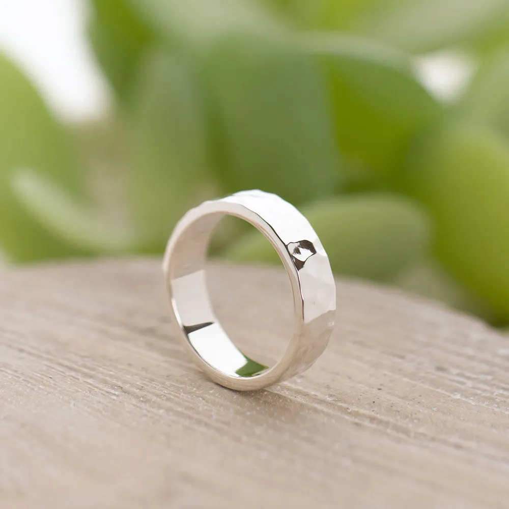 Flat-Shaped, Hammered-Finish Solid 925 Silver Band - 5mm Wide