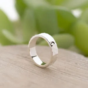 Flat-Shaped, Hammered-Finish Solid 925 Silver Band - 5mm Wide