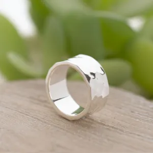 Flat-Shaped, Hammered-Finish Solid 925 Silver Band - 9mm Wide