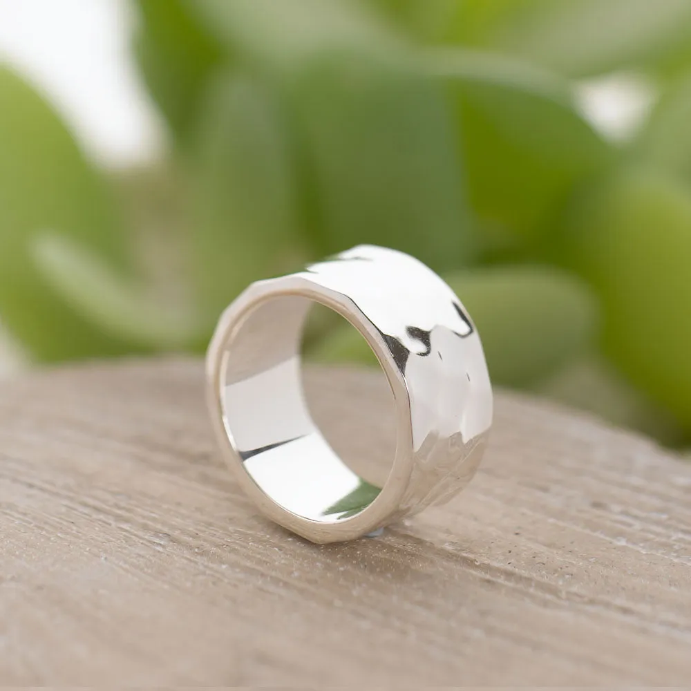 Flat-Shaped, Hammered-Finish Solid 925 Silver Band - 9mm Wide