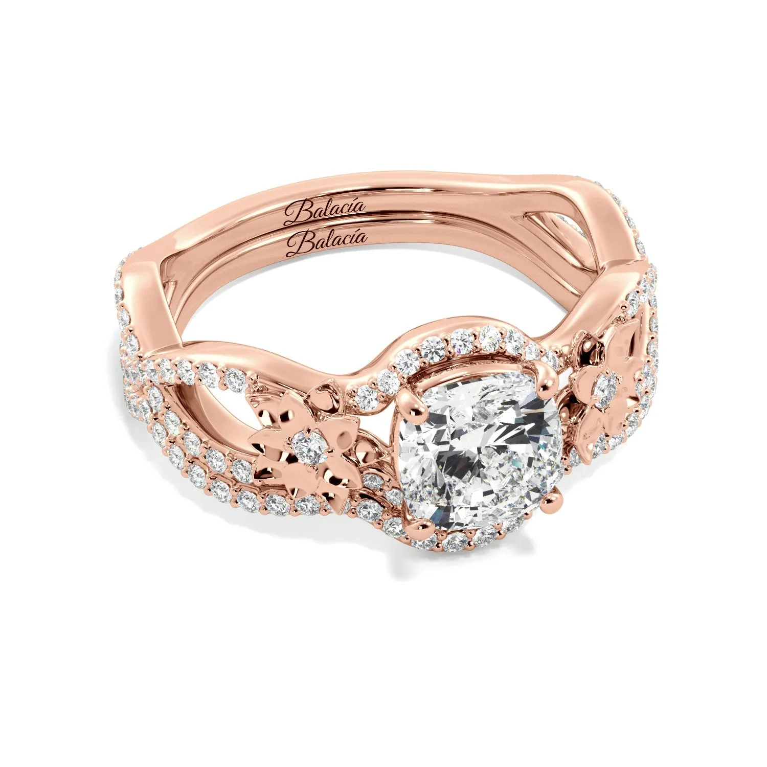 Floral Cushion Cut Custom Moissanite Engagement Ring Set