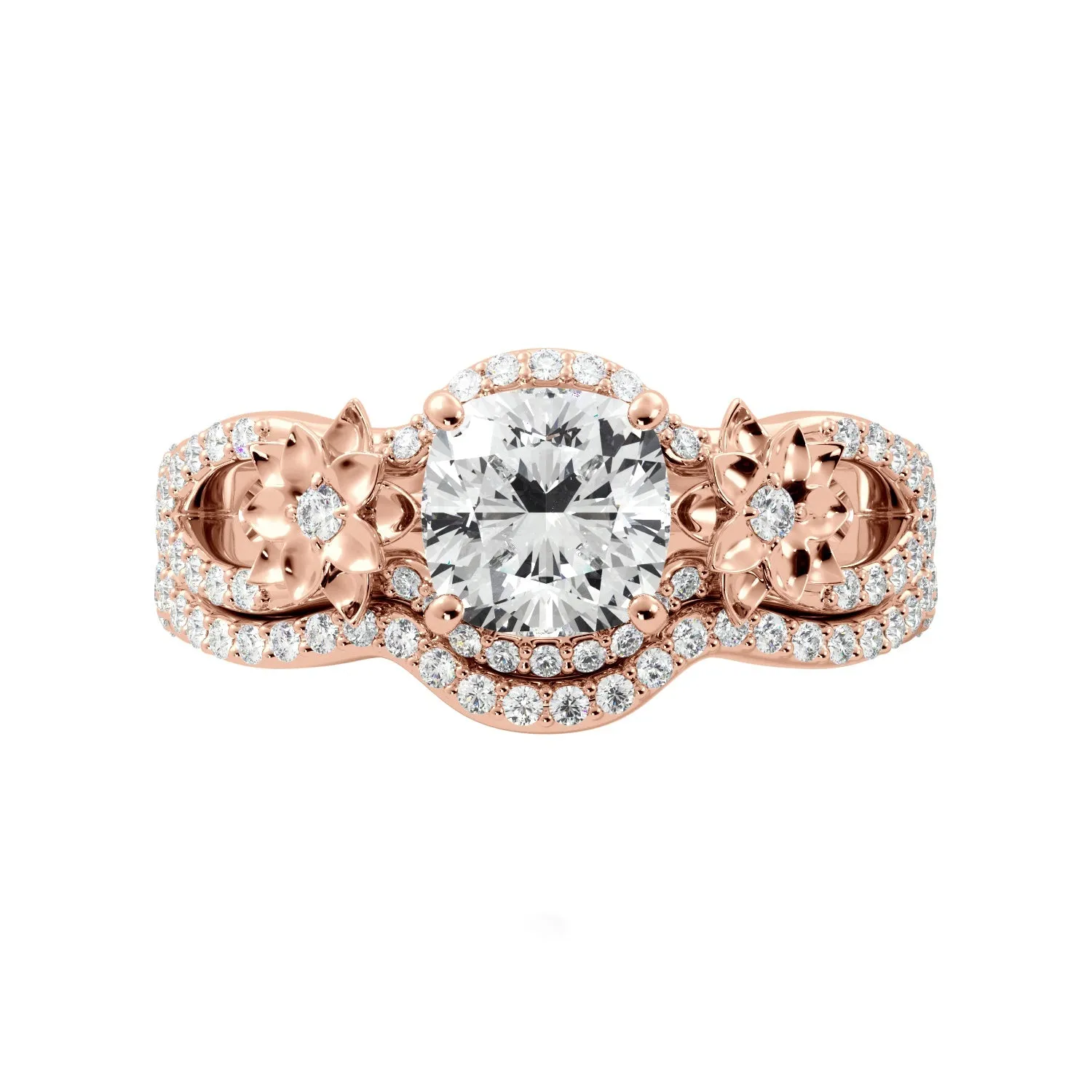 Floral Cushion Cut Custom Moissanite Engagement Ring Set