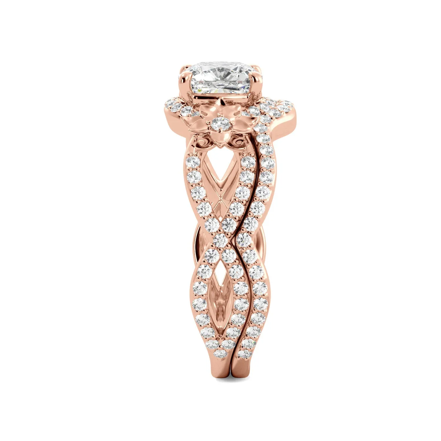 Floral Cushion Cut Custom Moissanite Engagement Ring Set