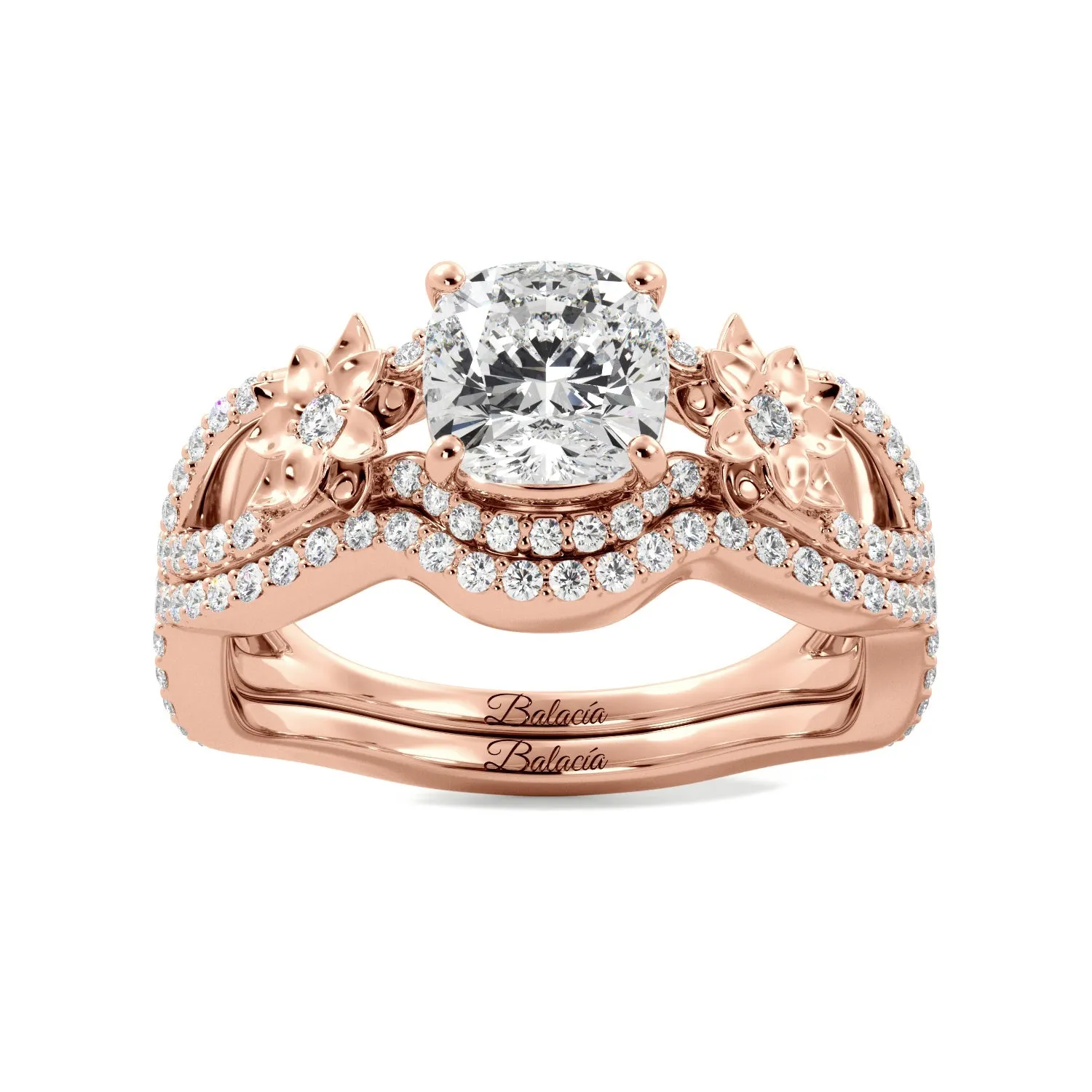 Floral Cushion Cut Custom Moissanite Engagement Ring Set