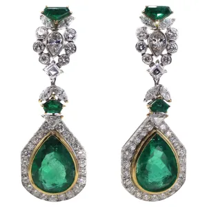 French 1980s Impressive Emerald Diamond Gold Ear Pendants