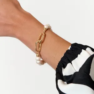 Freshwater Pearl & Beaten Link Stretch Bracelet (Gold)
