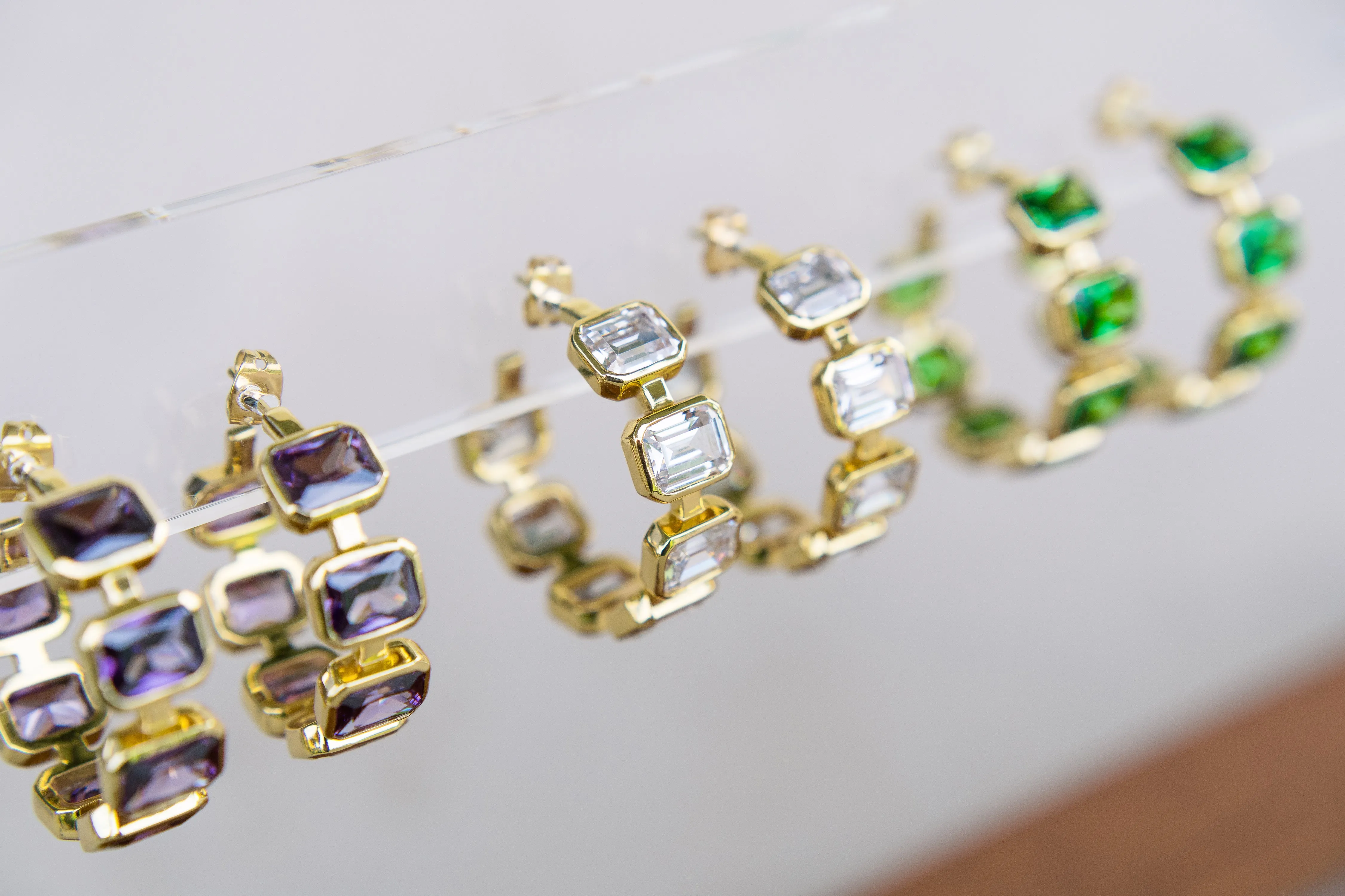 Gesu Hoop Earrings in Amethyst Cubic Zirconia and Yellow Gold