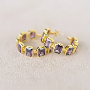 Gesu Hoop Earrings in Amethyst Cubic Zirconia and Yellow Gold