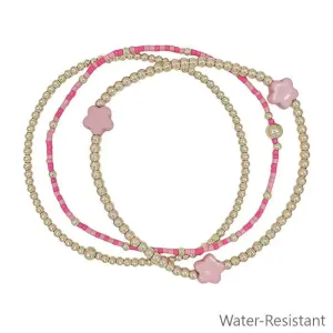 Gold Beaded with Pink Colored Flower Stretch Bracelets