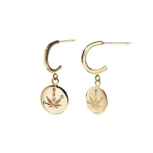 Gold Huggies w/ Emerald Cannabis Leaf Drops