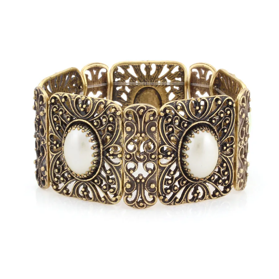 GOLD METAL FILIGREE DESIGN MOP STRETCH BRACELETS  #FW1202717 (HA12)