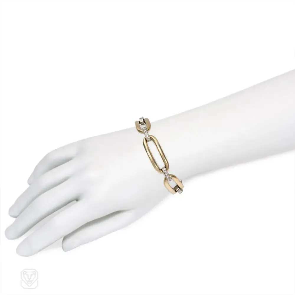 Gold oblong link and diamond bracelet