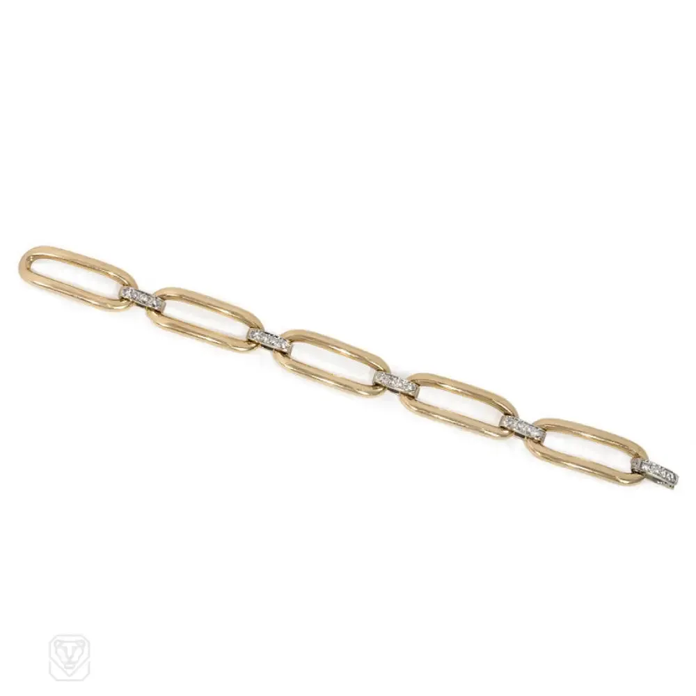 Gold oblong link and diamond bracelet