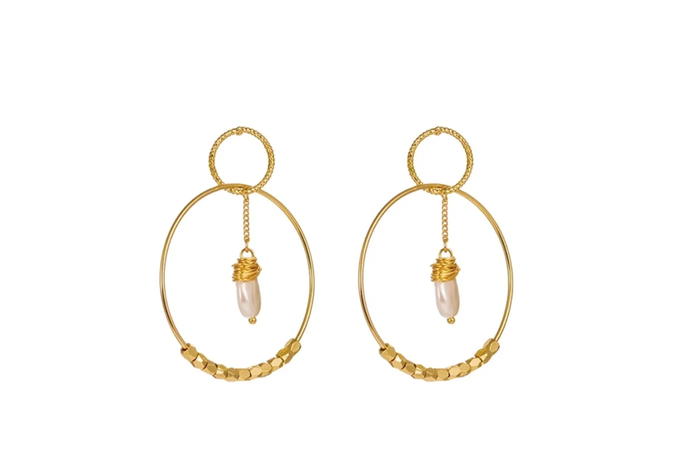 Gold Pearl Double Hoop Earrings with Cubic Zirconia - 18k Gold Plated - 2.25" Length - Free Shipping