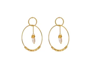 Gold Pearl Double Hoop Earrings with Cubic Zirconia - 18k Gold Plated - 2.25" Length - Free Shipping