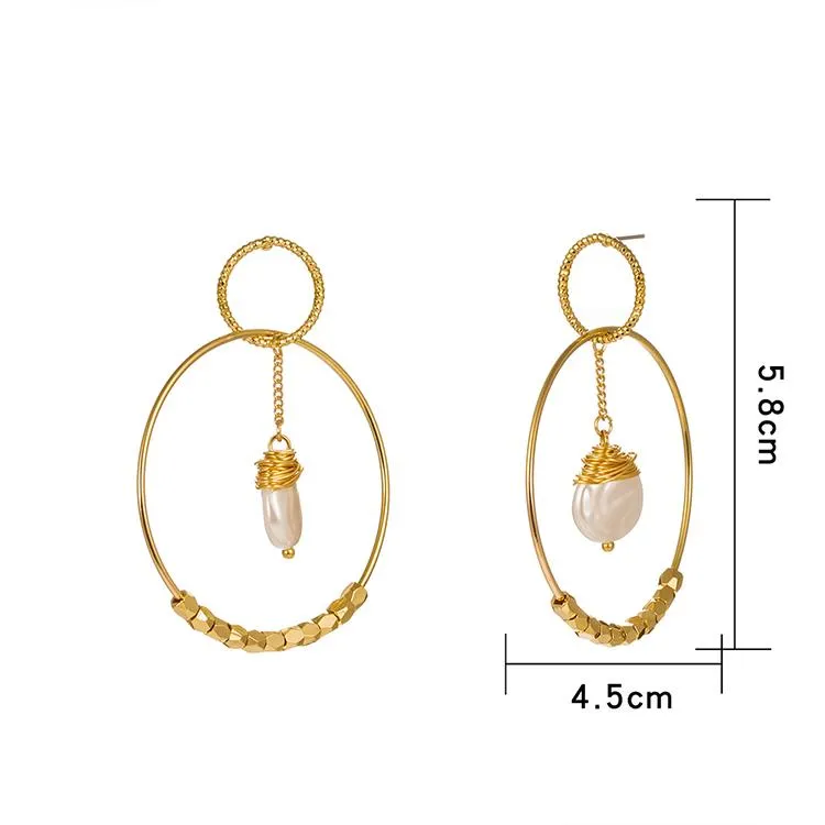 Gold Pearl Double Hoop Earrings with Cubic Zirconia - 18k Gold Plated - 2.25" Length - Free Shipping