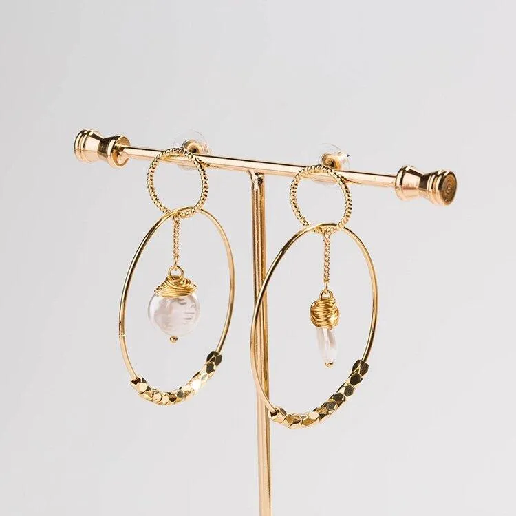 Gold Pearl Double Hoop Earrings with Cubic Zirconia - 18k Gold Plated - 2.25" Length - Free Shipping