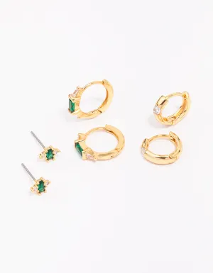 Gold Plated Emerald Boho Baguette Earring 3-Pack