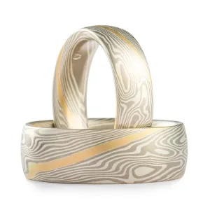 Gold Stratum Mokume Gane Rings or Wedding Band Set in Twist Pattern and Ash Palette