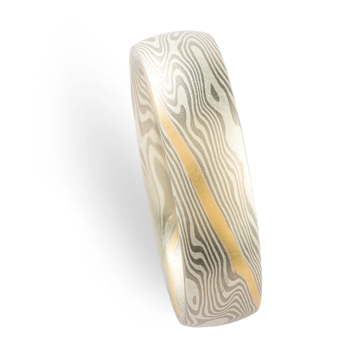 Gold Stratum Mokume Gane Rings or Wedding Band Set in Twist Pattern and Ash Palette
