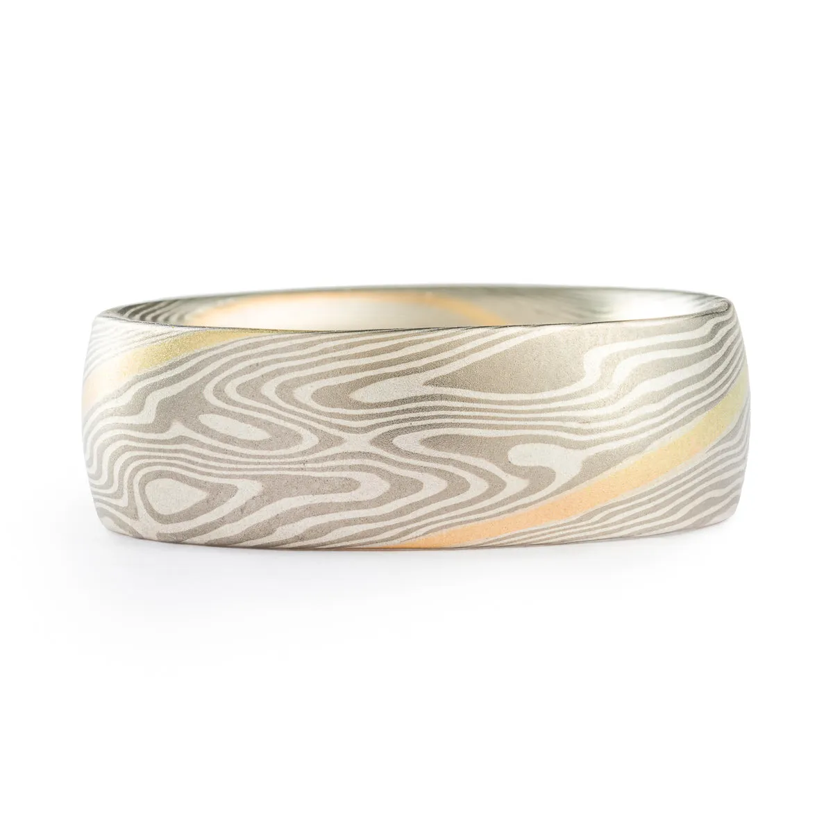 Gold Stratum Mokume Gane Rings or Wedding Band Set in Twist Pattern and Ash Palette