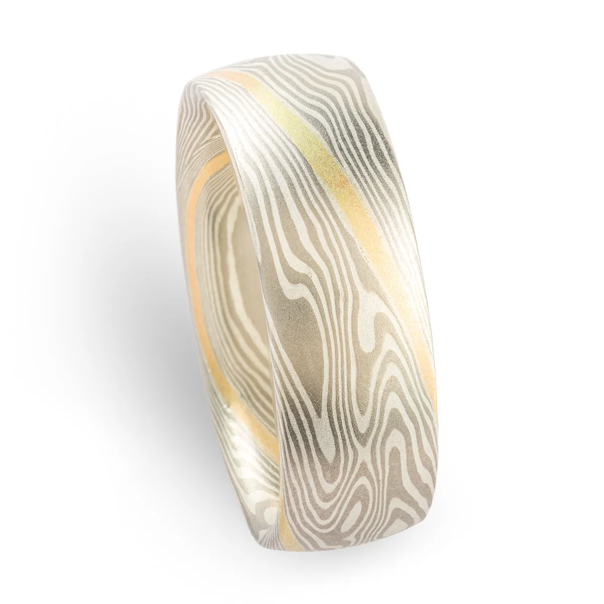 Gold Stratum Mokume Gane Rings or Wedding Band Set in Twist Pattern and Ash Palette