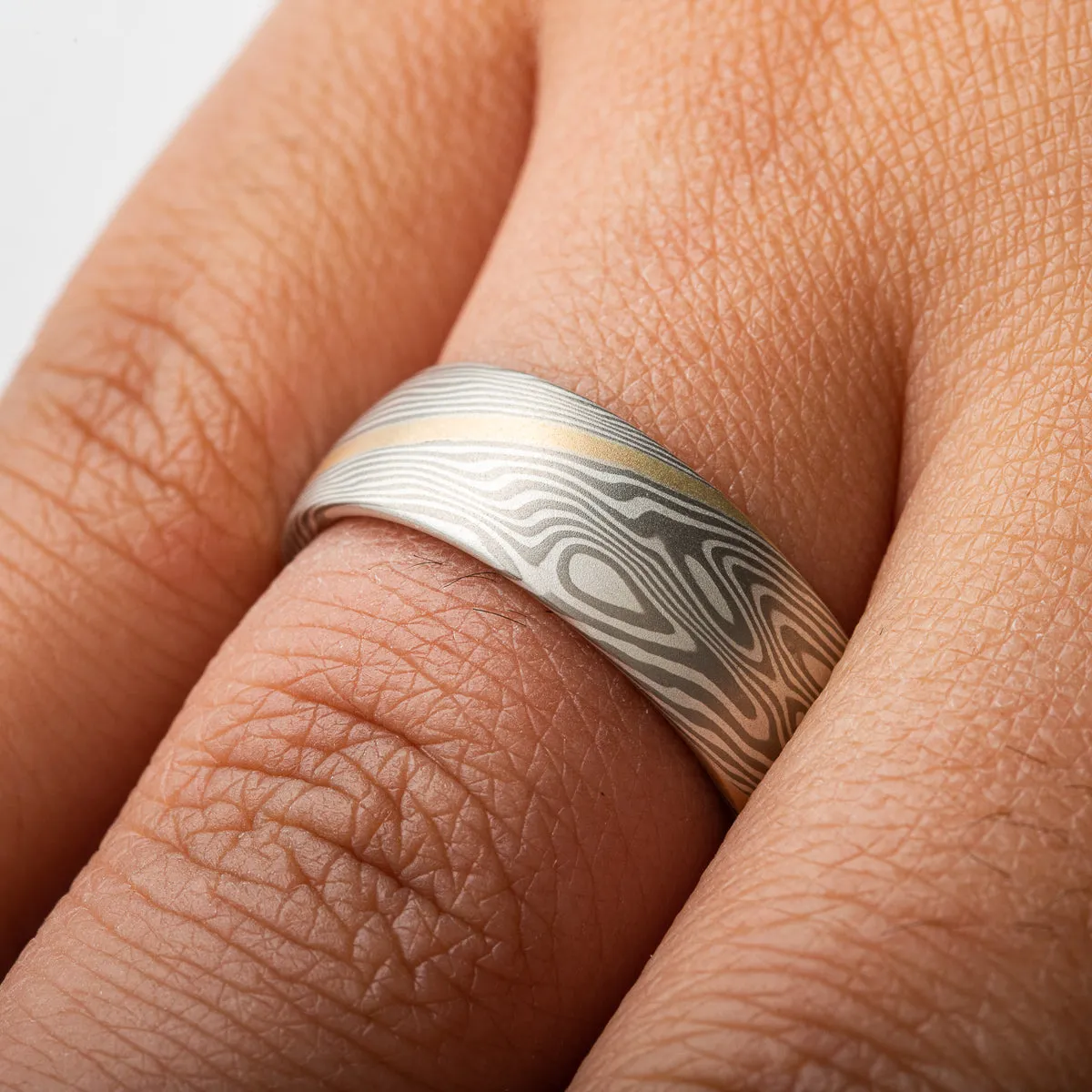 Gold Stratum Mokume Gane Rings or Wedding Band Set in Twist Pattern and Ash Palette