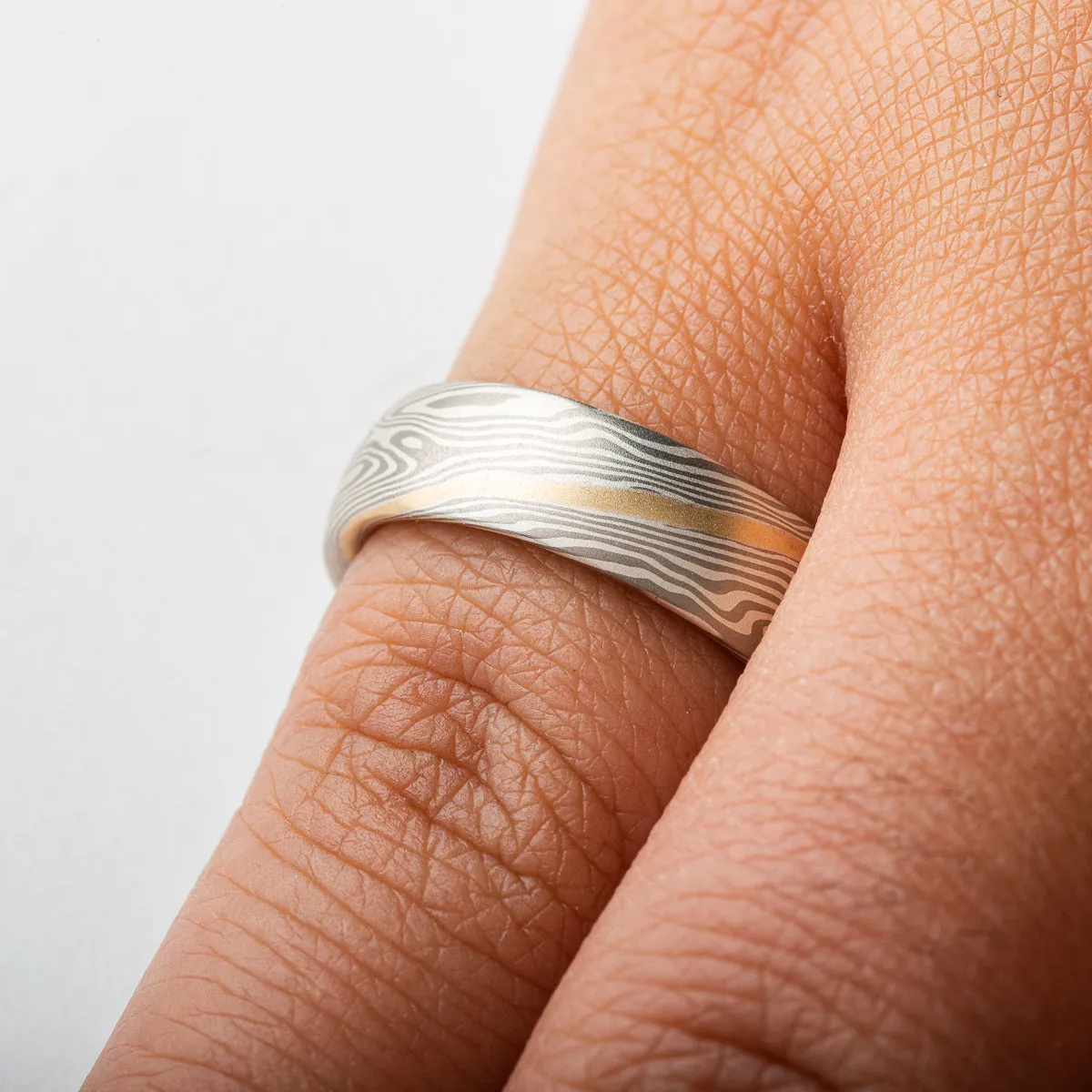 Gold Stratum Mokume Gane Rings or Wedding Band Set in Twist Pattern and Ash Palette