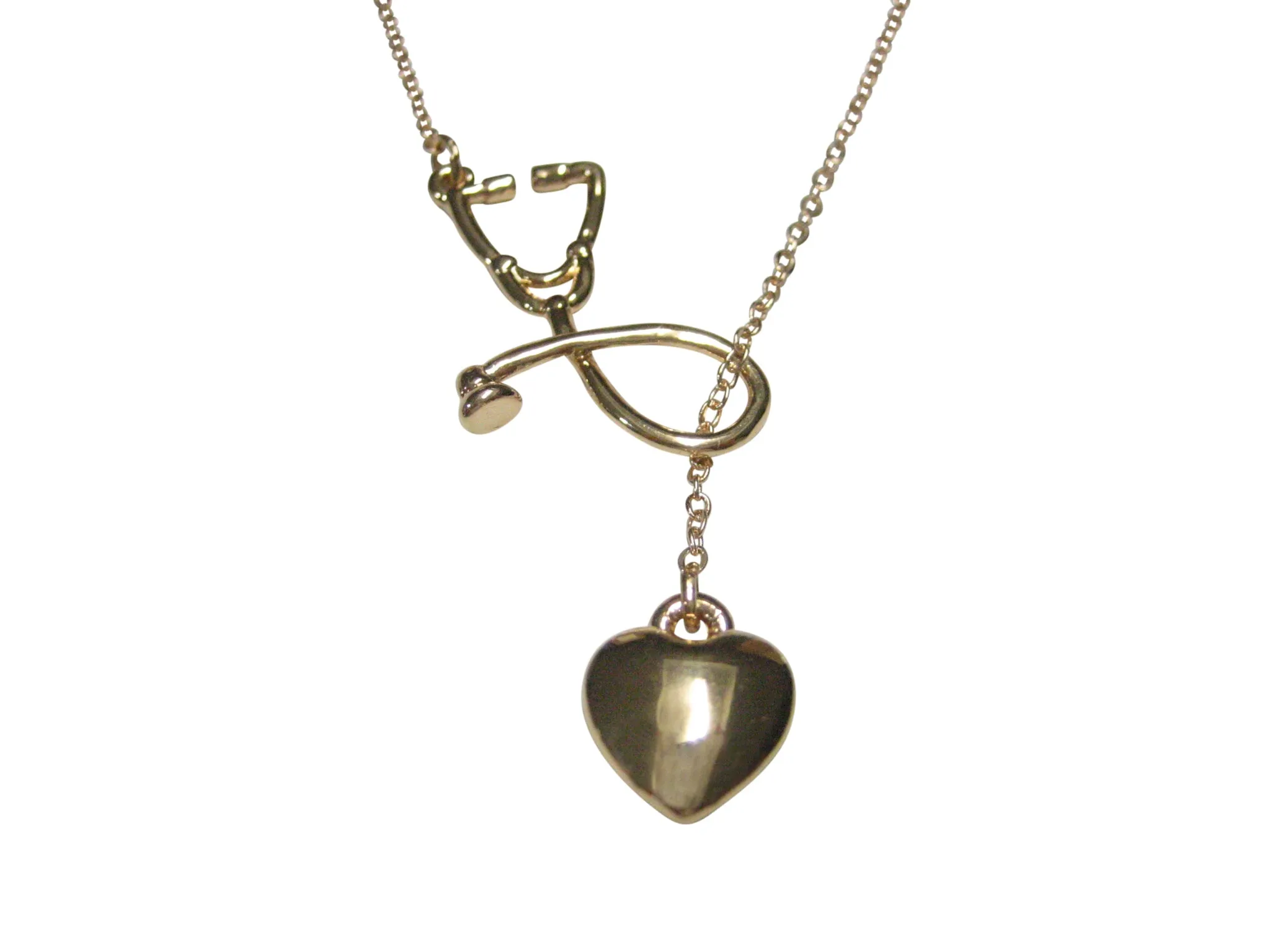 Gold Toned Vertical Medical Stethoscope With Heart Pendant Necklace